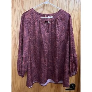 Dolan | Anthropologie Burgundy Snakeskin‎ Long Poet Sleeve Keyhole Blouse Top 2X